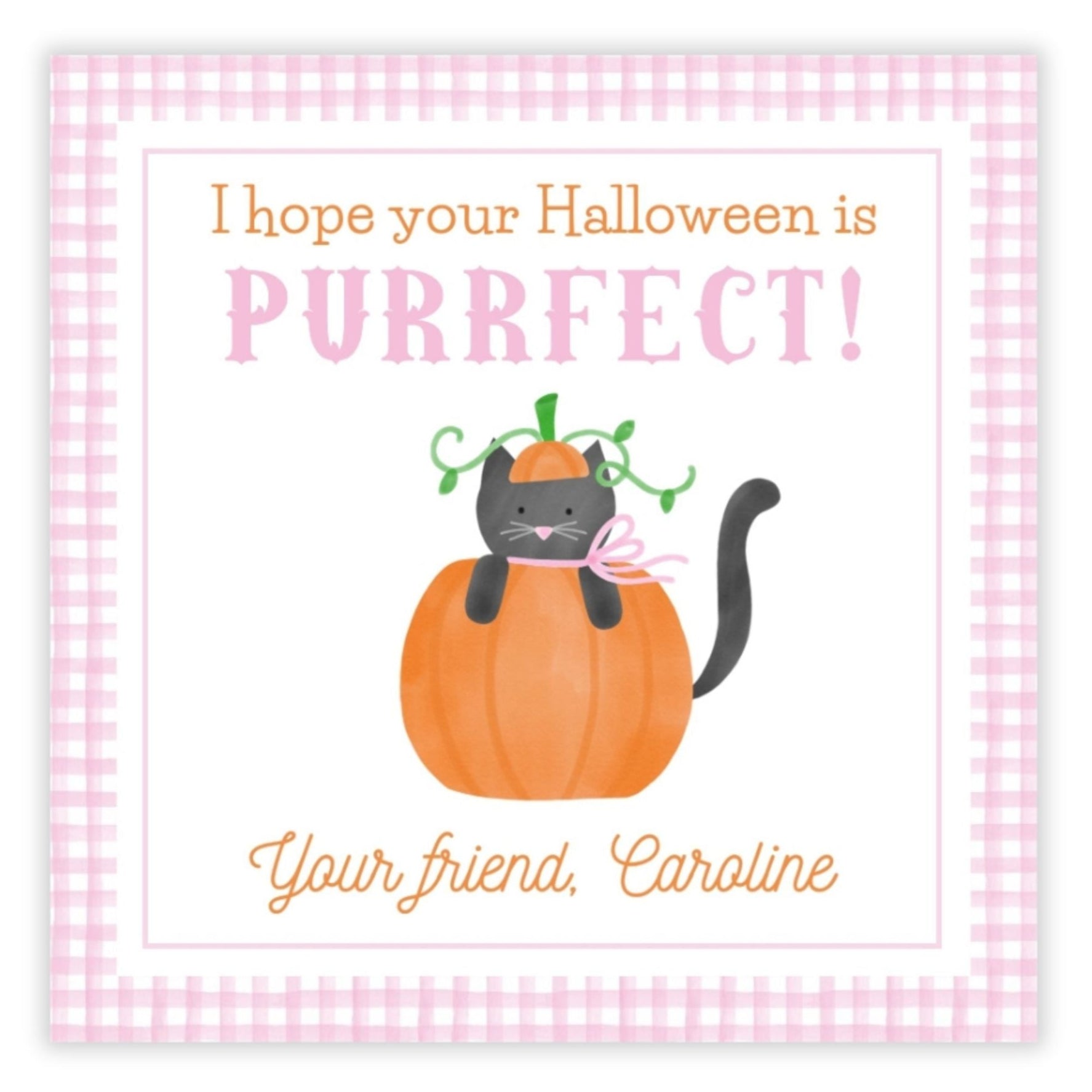 A personalized Halloween gift tag with a watercolor design of a black cat sitting on a pumpkin, with the text 'I hope your Halloween is PURFECT!' and a space for personalization with names and messages.