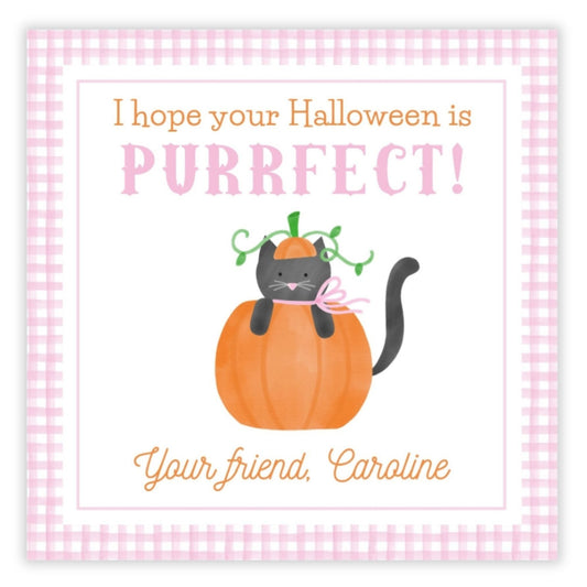 A personalized Halloween gift tag with a watercolor design of a black cat sitting on a pumpkin, with the text 'I hope your Halloween is PURFECT!' and a space for personalization with names and messages.