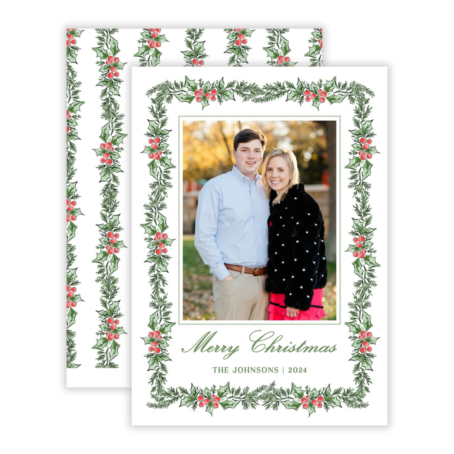 Christmas Photo Card - Holly Berry Greenery (Portrait)