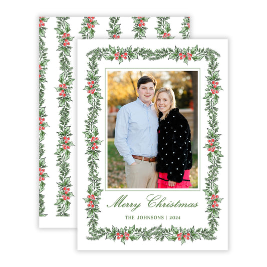 Christmas Photo Card - Holly Berry Greenery (Portrait)