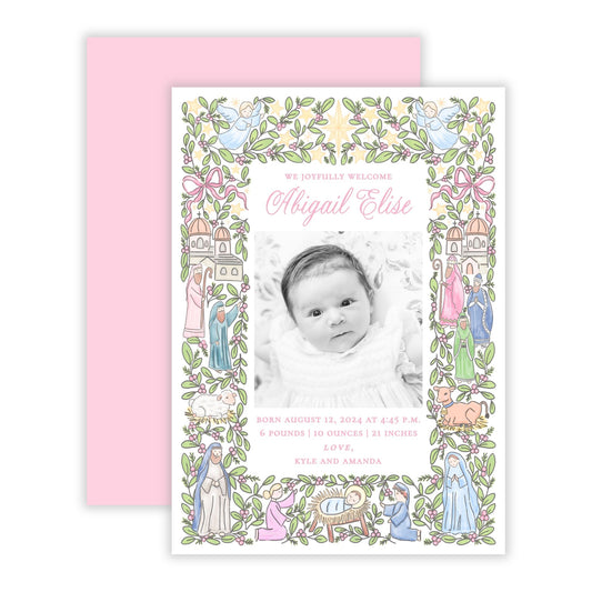 Christmas Photo Card - Festive Nativity, Pastel Pink - Birth Announcement (Portrait)