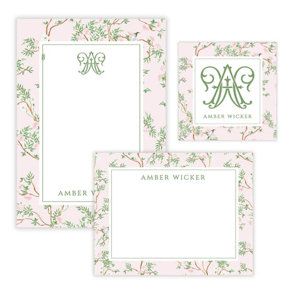 Spring Chinoiserie Pink Floral Personalized Stationery Gift Set (Custom Bundle)
