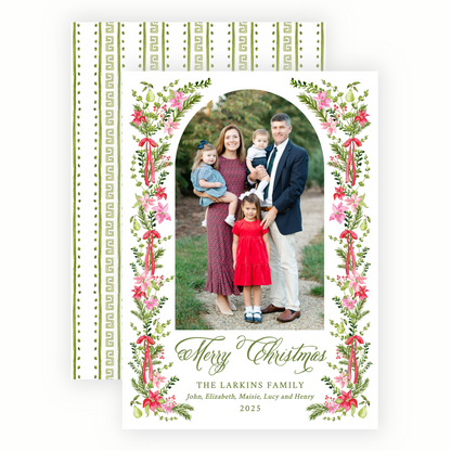 Christmas Photo Card - Poinsettia Garden, Green - Portrait