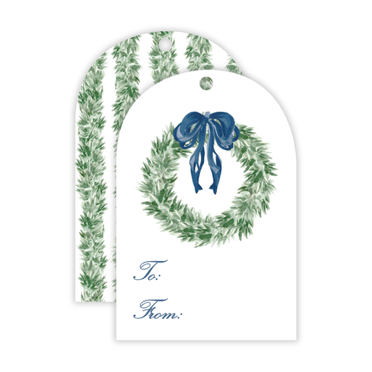Holiday Gift Tags - Tied with a Bow Wreath, Blue - Arch Hang Tags