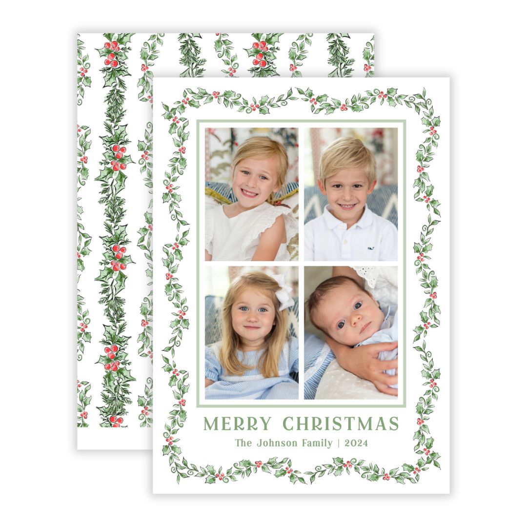 Christmas Photo Card - Scalloped Holly (4 Photos)