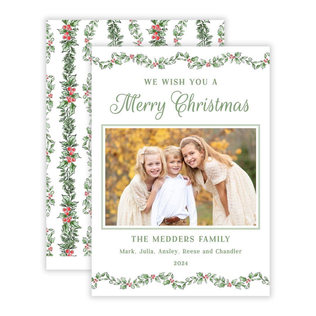 Christmas Photo Card - Scalloped Holly (Landscape Photo)