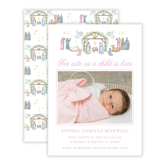 Christmas Photo Card - Festive Nativity, Pastel - Birth Announcement (Landscape Photo)