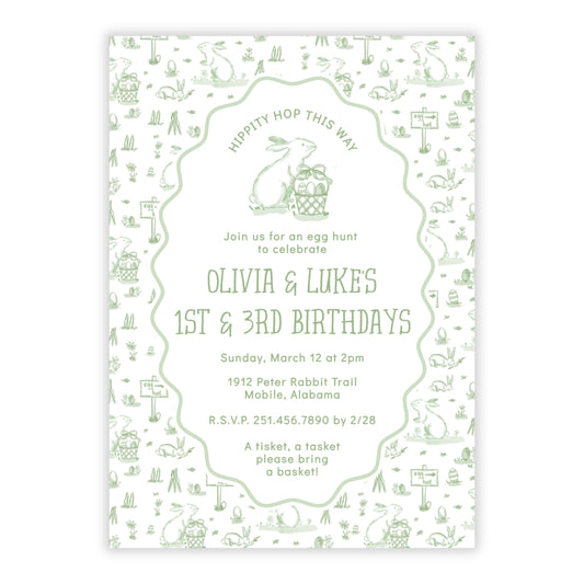 Easter Toile Sibling Birthday Invitations, Green