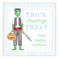 kids halloween gift tag or stickers featuring a watercolor illustration of frankenstein dressed up as a pirate with the text "trick aaaarrrgh treat" and personalized with your name