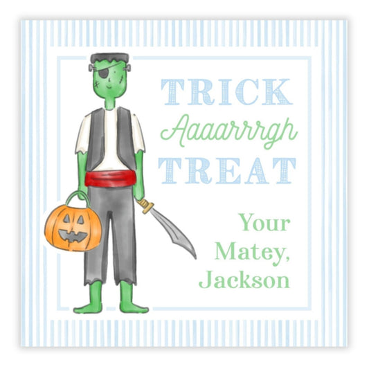 kids halloween gift tag or stickers featuring a watercolor illustration of frankenstein dressed up as a pirate with the text "trick aaaarrrgh treat" and personalized with your name