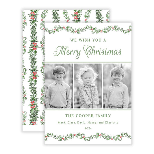 Christmas Photo Card - Scalloped Holly (3 Photos)
