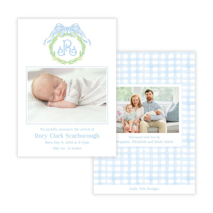 Birth Announcement Photo Card - Monogrammed Wreath, Blue (Portrait)