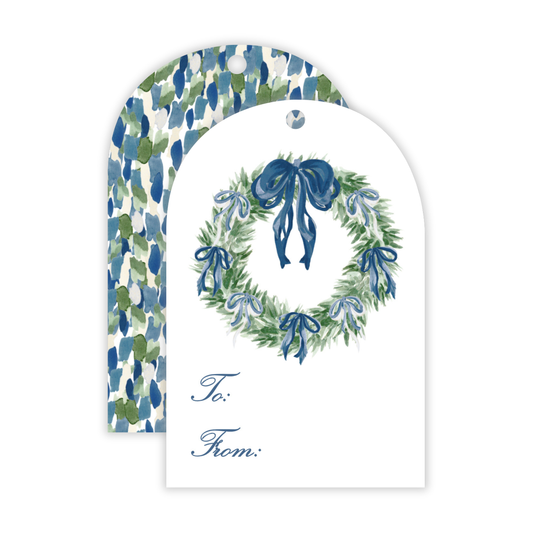 Holiday Gift Tags - Tied with a Bow Decorated Wreath, Blue - Arch Hang Tags