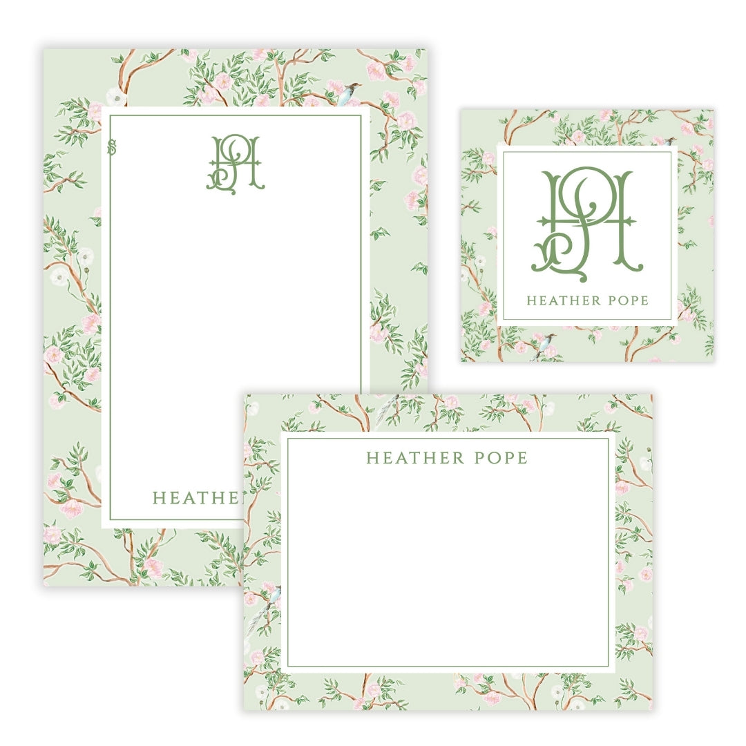 Spring Chinoiserie Green Floral Mother’s Day Stationery Gift Set (Custom Bundle)
