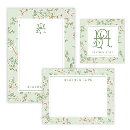 Spring Chinoiserie Green Floral Personalized Stationery Gift Set (Custom Bundle)