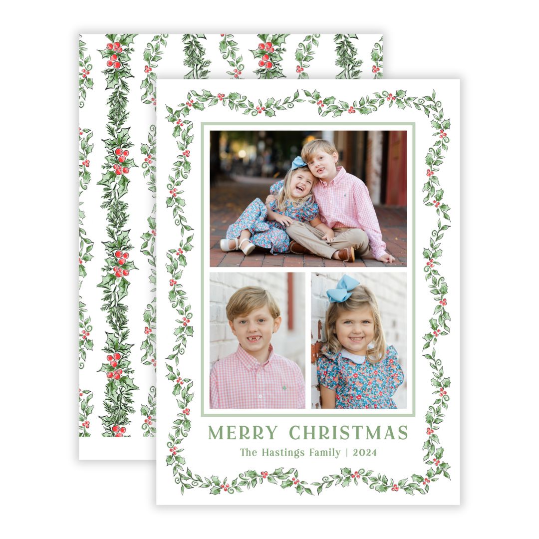 Christmas Photo Card - Scalloped Holly (3 Photos)