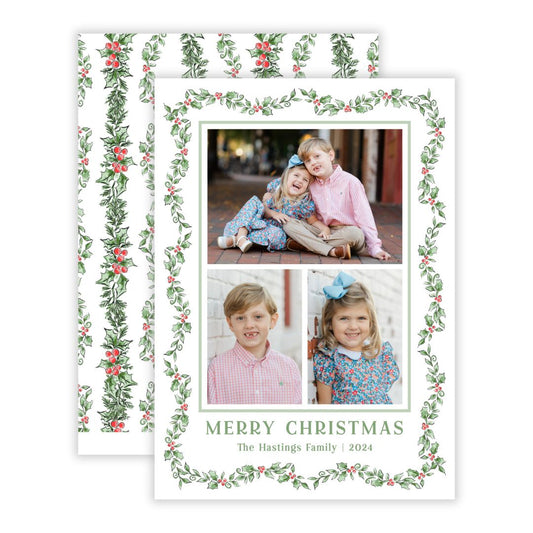 Christmas Photo Card - Scalloped Holly (3 Photos)