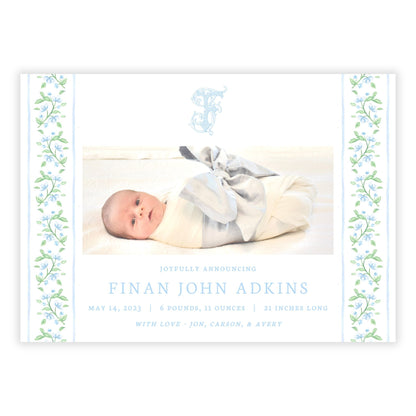 Birth Announcement Photo Card - Floral Toile, Peach (Landscape)
