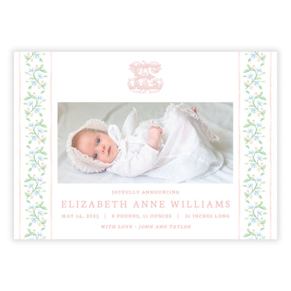 Birth Announcement Photo Card - Floral Toile, Peach (Landscape)
