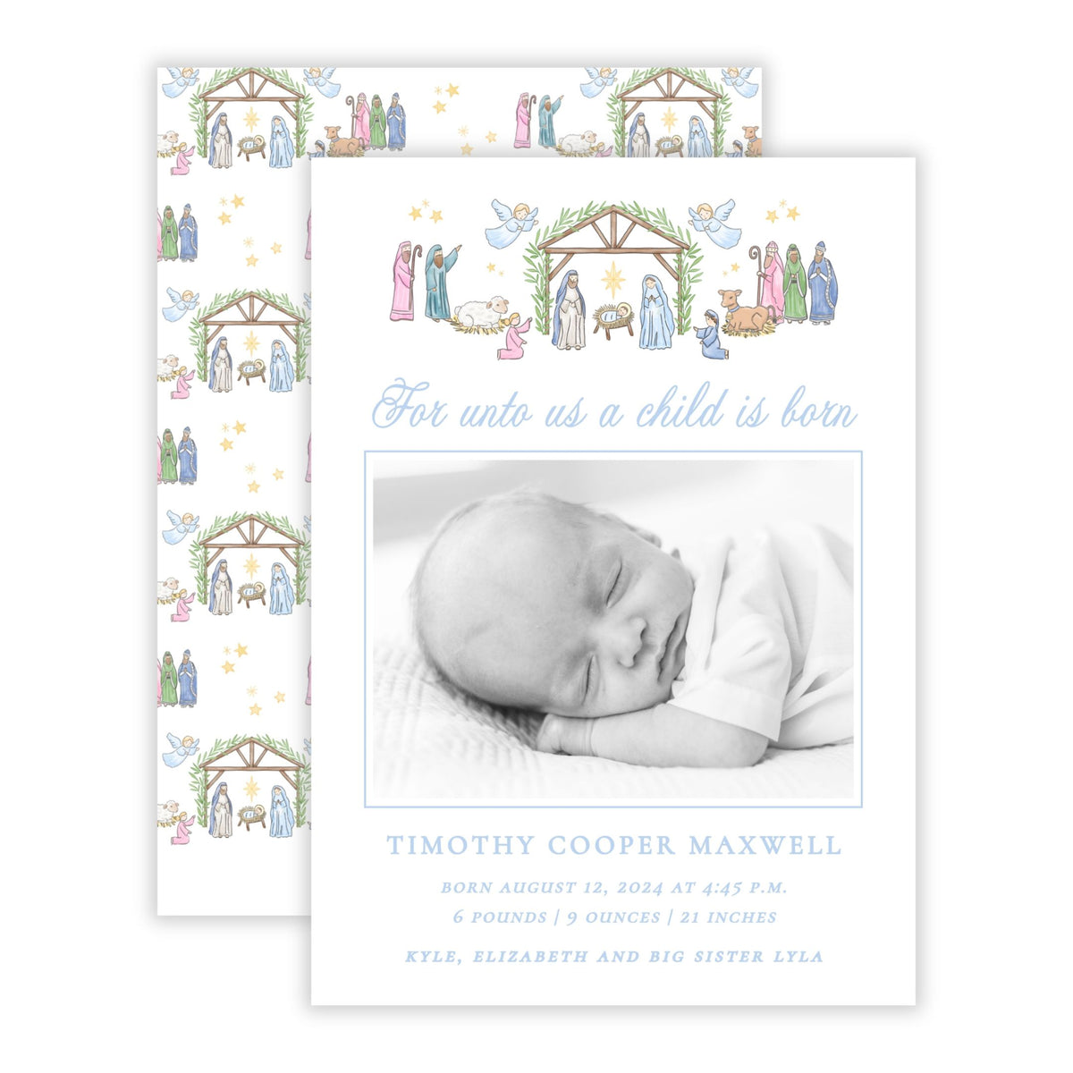 Christmas Photo Card - Festive Nativity, Pastel - Birth Announcement (Landscape Photo)