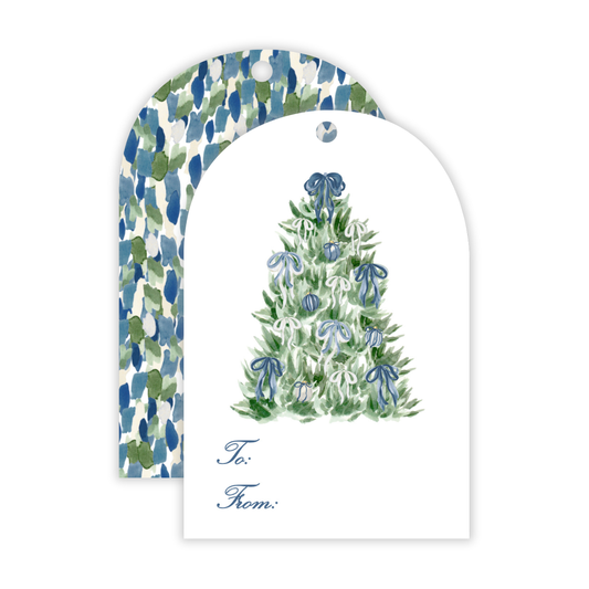 Holiday Gift Tags - Tied with a Bow Blue Tree - Arch Hang Tags