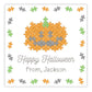 A personalized Halloween gift tag featuring a puzzle block design with a pumpkin in the center, and the text 'Happy Halloween from Jackson'.