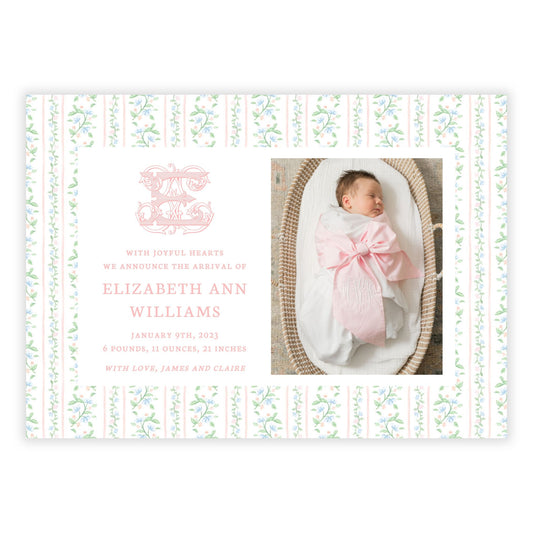Birth Announcement Photo Card - Floral Toile, Peach (Landscape)