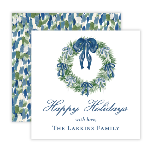 Holiday Gift Tags or Stickers - Tied with a Bow Decorated Wreath, Blue