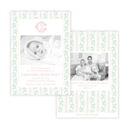 Birth Announcement Photo Card - Peach Floral Toile (Portrait)