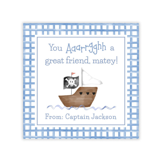 The image is a personalized message card featuring a pirate ship with a flag and a pirate skull and crossbones. The card is framed in a blue and white checkered pattern and includes a message that reads "You Aaaarrgghh a great friend, matey!" The card is addressed to "Captain Jackson" and is a part of a larger collection of images.