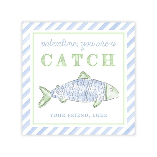 The image is a Valentine's Day card featuring a fish illustration and a message about being a "CATCH" in a playful and affectionate manner.