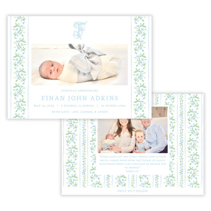 Birth Announcement Photo Card - Floral Toile, Peach (Landscape)