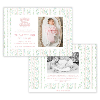 Birth Announcement Photo Card - Floral Toile, Peach (Landscape)
