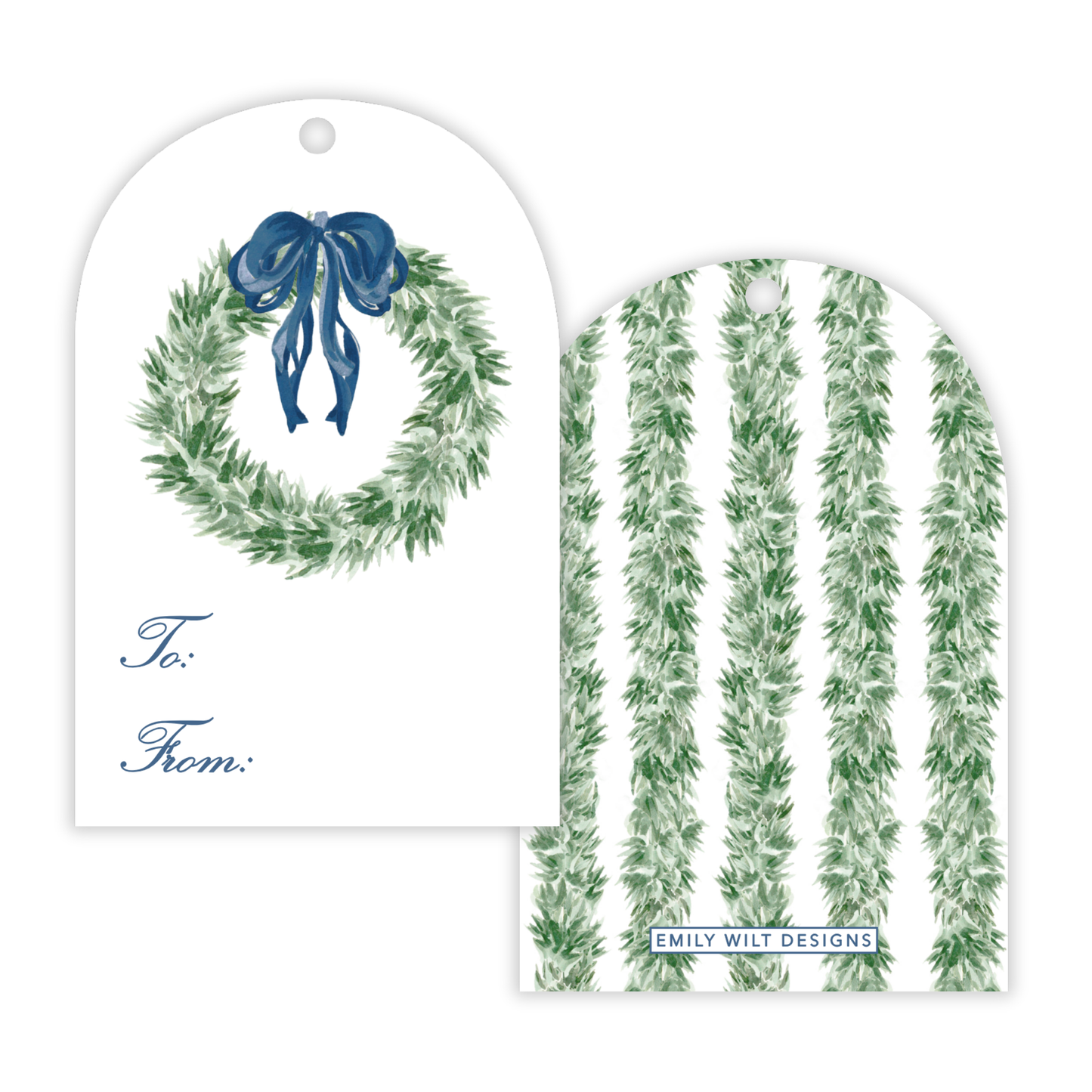 Holiday Gift Tags - Tied with a Bow Wreath, Blue - Arch Hang Tags