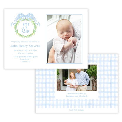 Birth Announcement Photo Card - Monogrammed Wreath, Blue (Landscape)