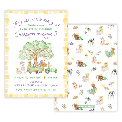 Mardi Gras Dog Birthday Invitation for Kids