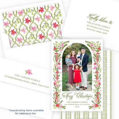 Christmas Photo Card - Poinsettia Garden, Green - Portrait