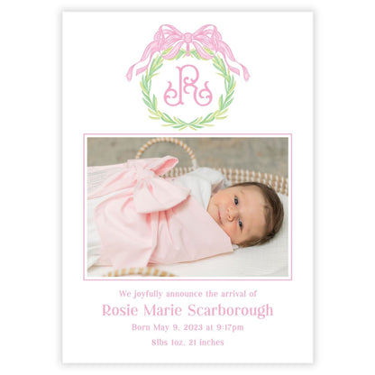 Birth Announcement Photo Card - Monogrammed Wreath, Pink (Portrait)