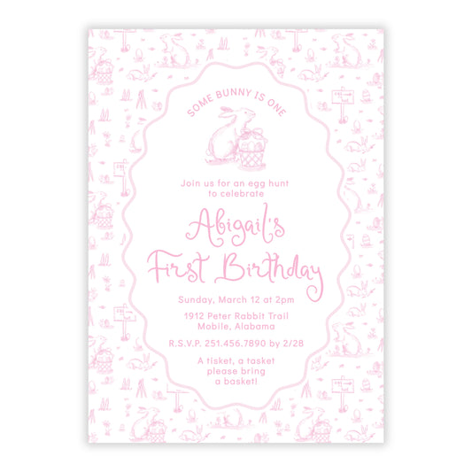 Easter Toile Girl First Birthday Invitations, Pink