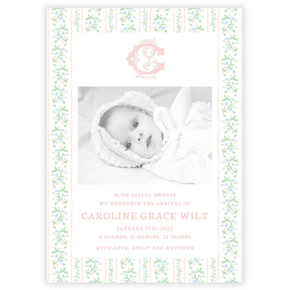 Birth Announcement Photo Card - Peach Floral Toile (Portrait)