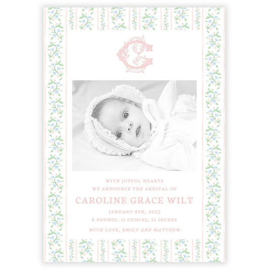 Birth Announcement Photo Card - Peach Floral Toile (Portrait)