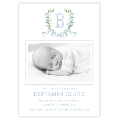 Birth Announcement Photo Card - Laurel Leaf Crest, Blue (Portrait)