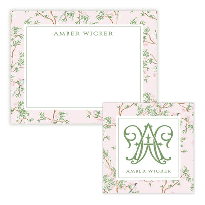 Spring Chinoiserie Pink Floral Personalized Stationery Gift Set (Custom Bundle)