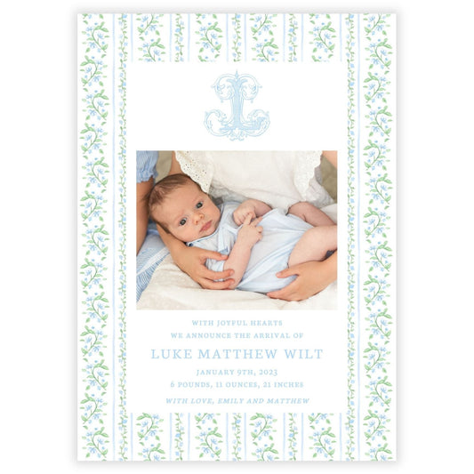Birth Announcement Photo Card - Blue Floral Toile (Portrait)