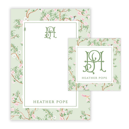 Spring Chinoiserie Green Floral Personalized Stationery Gift Set (Custom Bundle)