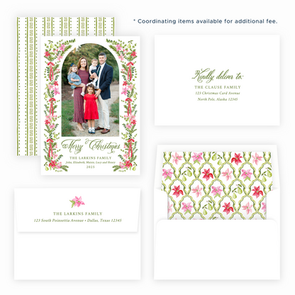 Christmas Photo Card - Poinsettia Garden, Green - Portrait