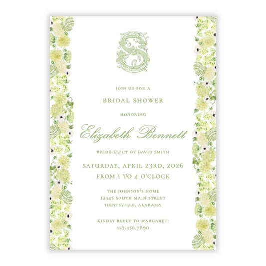 Limelight Hydrangea Bridal Shower Invitations (Monogram Garlands)