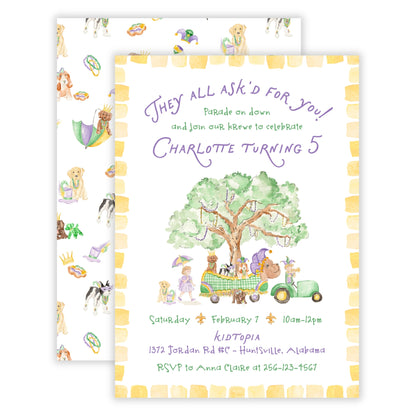 Mardi Gras Dog Birthday Invitation for Kids