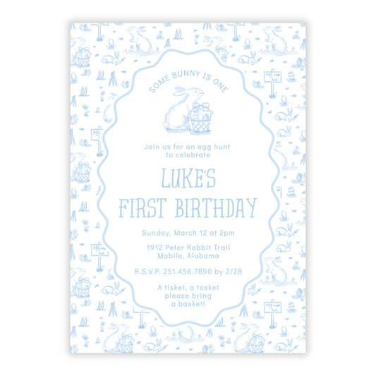 Easter Toile Boy First Birthday Invitations, Blue