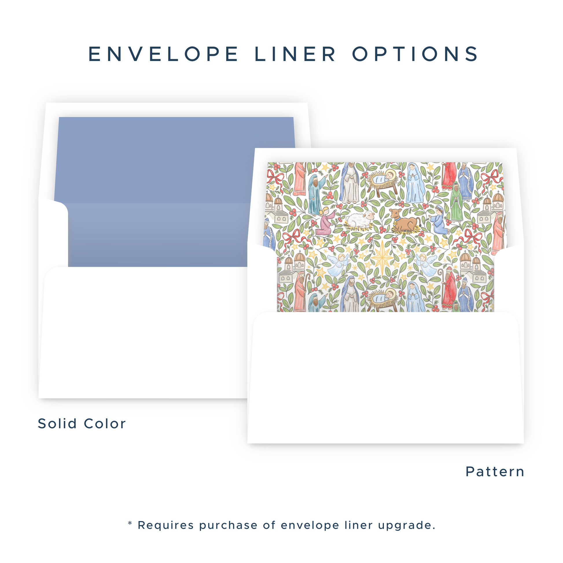 two different types of envelope liners, with one being solid color and the other featuring a pattern. The solid color liner is blue, while the patterned liner has a colorful design. The patterned liner requires a purchase of an envelope liner upgrade.